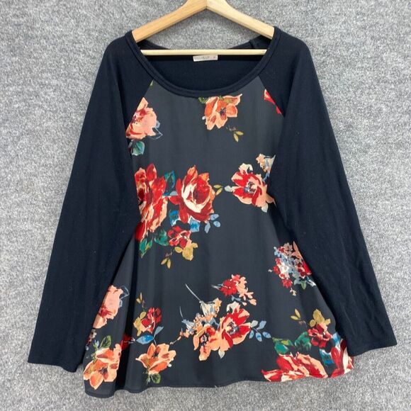 Le Lis Blouse Women 1X Plus Black Floral Long Sleeve Round Neck Pullover Casual - Picture 4 of 9